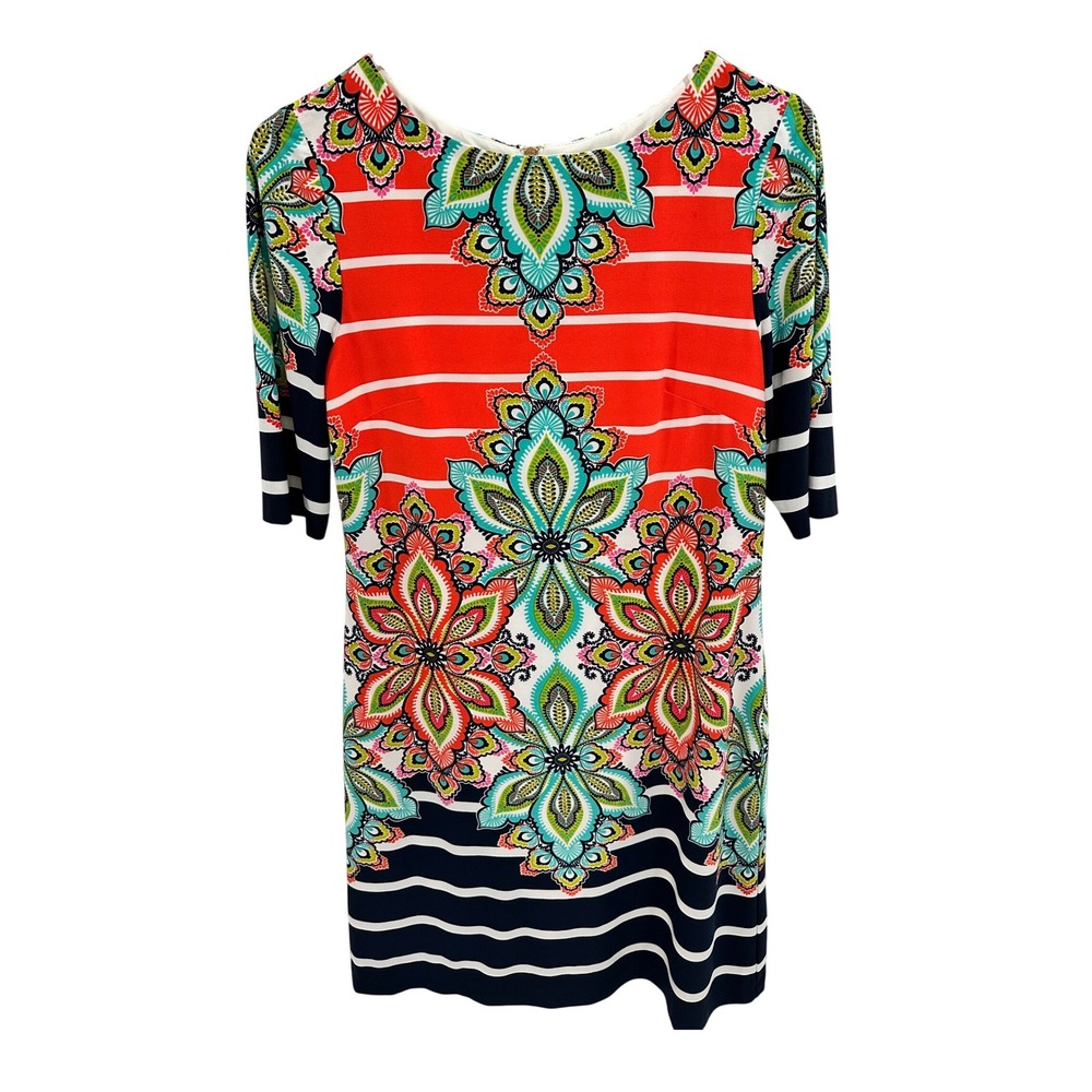 Eliza J Womens Size 6‎ Paisley Stripe Shift Dress 3/4 Sleeve Coral Navy Blue